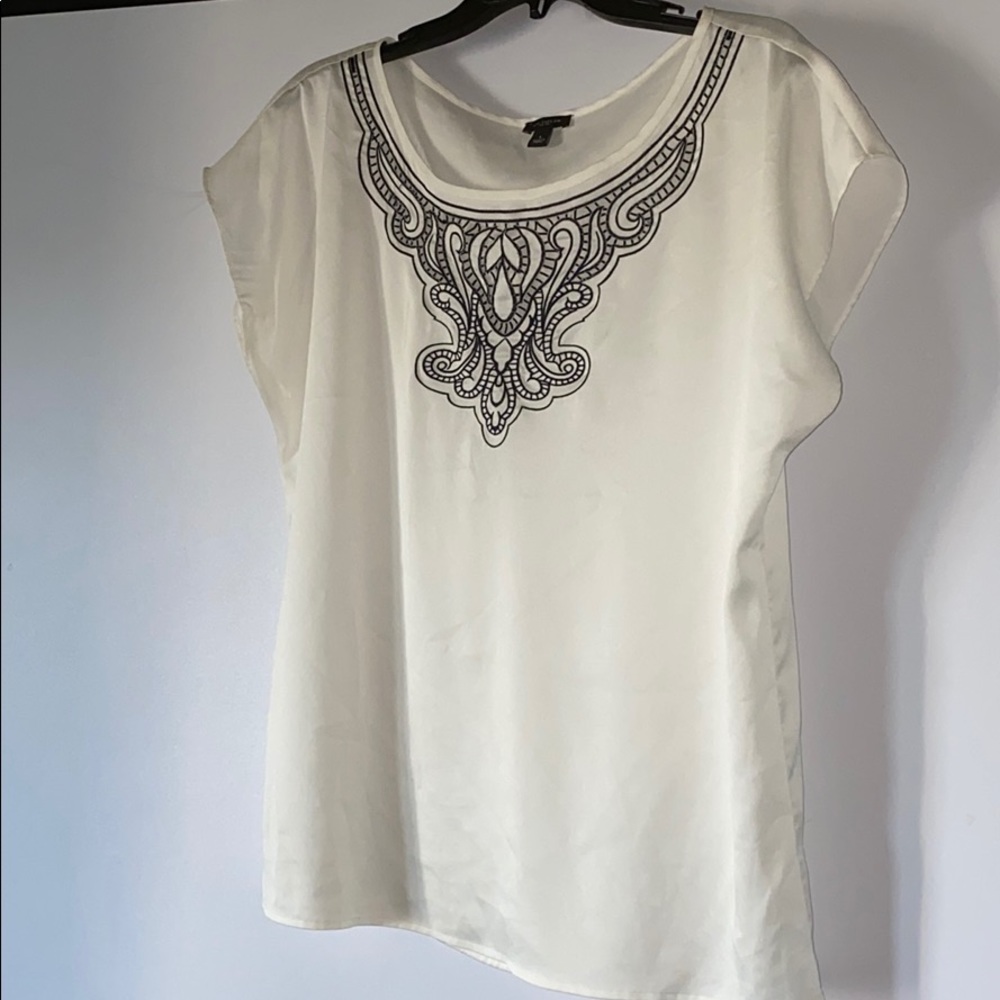 Ann Taylor off-white blouse with blue embroidery
